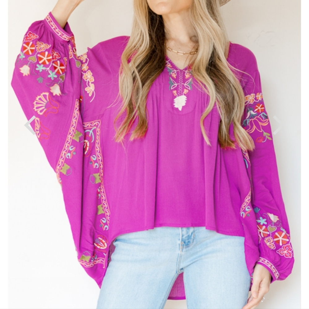 Embroidered V-Neck Boho Blouse - Magenta